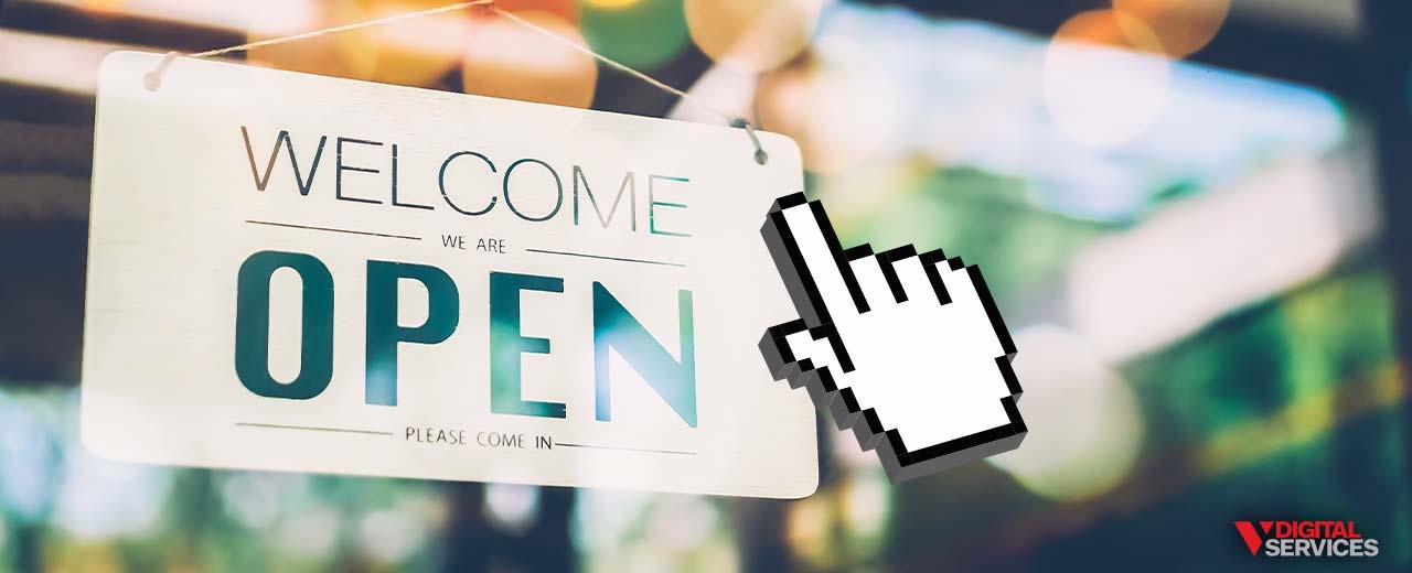 "Open" sign in front of glass door of abusiness and a mouse using the hand animation hovering over it