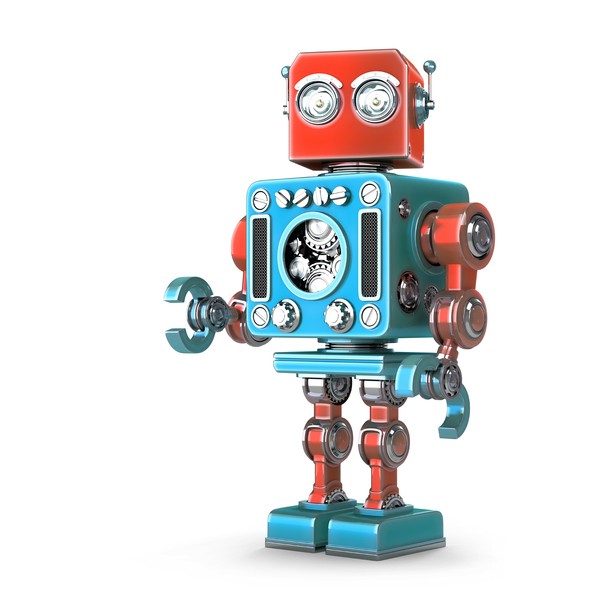 Standing Retro Robot. Isolated over white. Contains clipping path