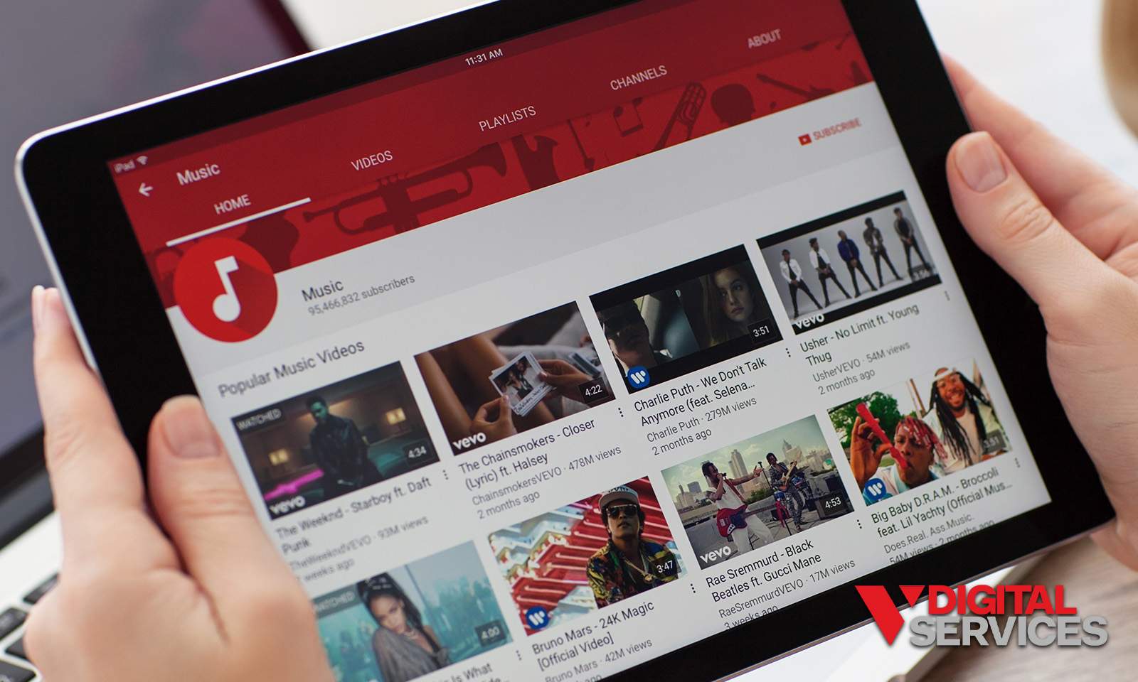 Watching YouTube on a tablet