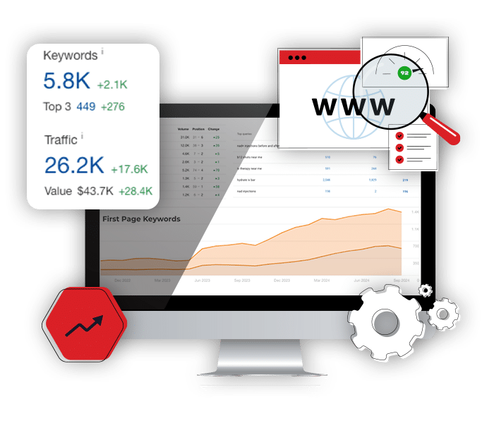 hero overlay organic seo example surrounded by icons symbolizing seo