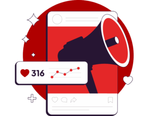 vector art of a mobile device, mageaphone and engagement icons to depict social media engagement posts