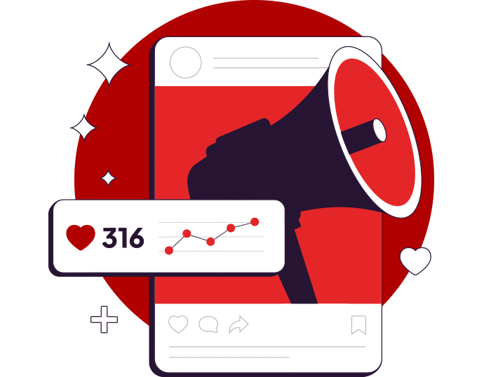 vector art of a mobile device, mageaphone and engagement icons to depict social media engagement posts