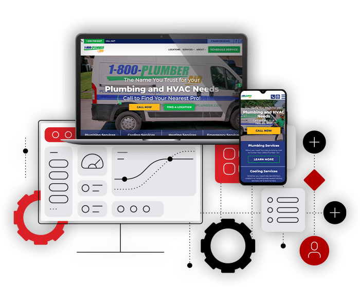 hero overlay web dev and design vector visualization of aspects of dev with example site on desktop and mobile