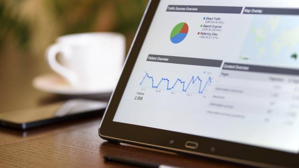 Tablet showing a web analytics dashboard with direct traffic, search engines and referring sites broken out