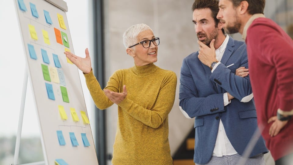 Marketing team planning a measurement program at a flip chart covered in sticky notes