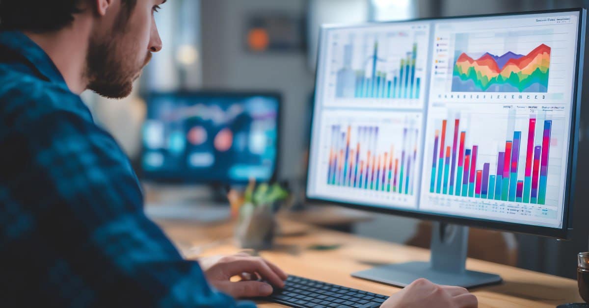 Marketing analyst reviewing campaign performance dashboards with multiple charts on a widescreen monitor