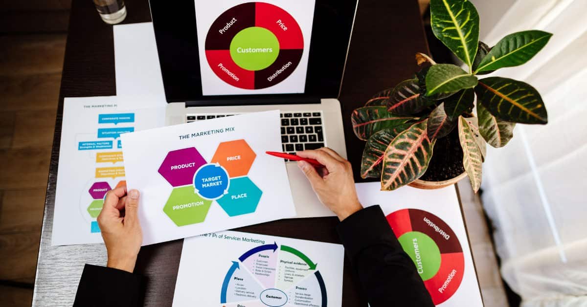 Marketing mix and strategy framework diagrams spread across a desk beside a laptop