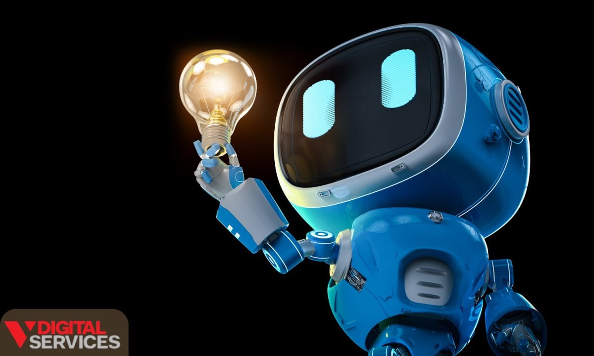A blue robot holding a glowing light bulb, representing AI generated search answers
