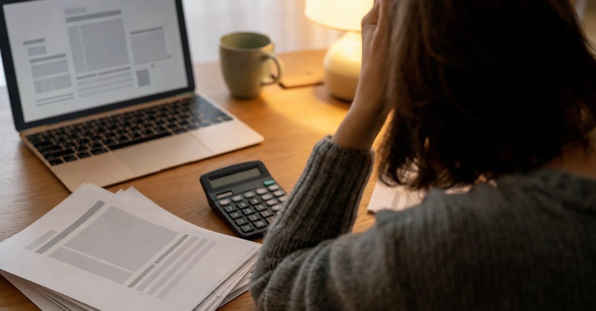 A business owner reviewing bills and a calculator while planning a marketing budget, V Digital Services
