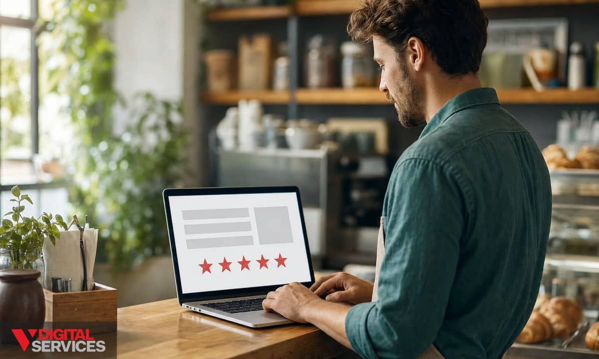 A cafe owner updating their business listing on a laptop showing a profile form and a five star rating