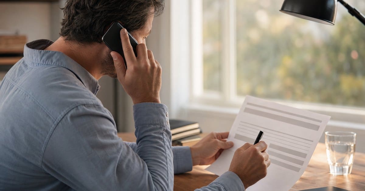 A business owner on the phone to a provider, annotating a printed quote, V Digital Services