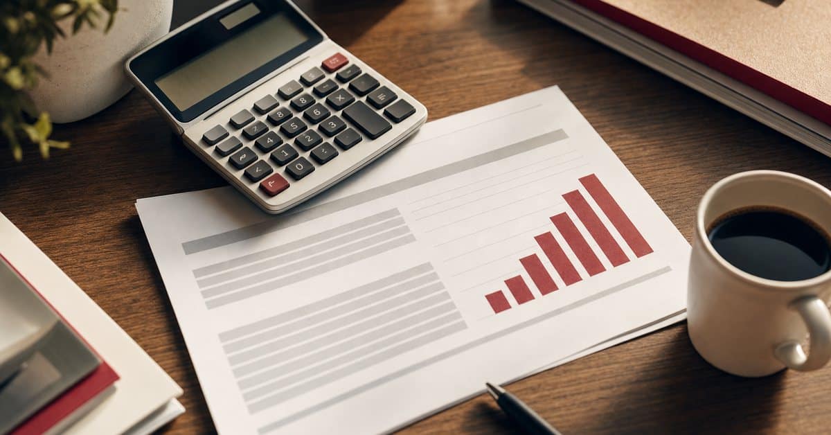 A calculator, a printed budget sheet with a bar chart and a coffee cup on a desk