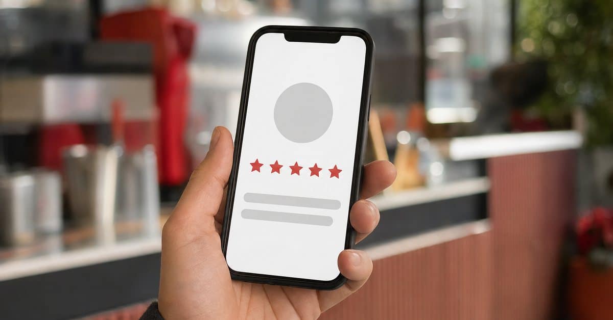 A phone showing a customer review with a five star rating, held in a cafe