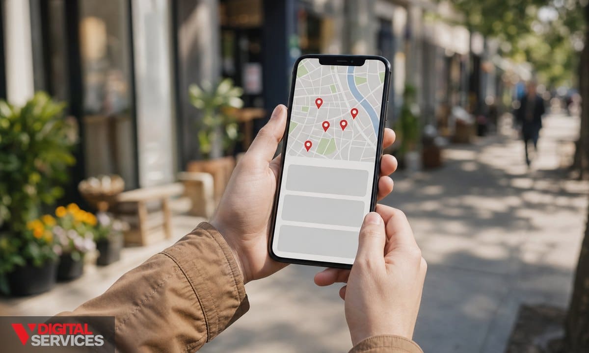 Hands holding a smartphone showing a local map with red location pins outside a row of small shops
