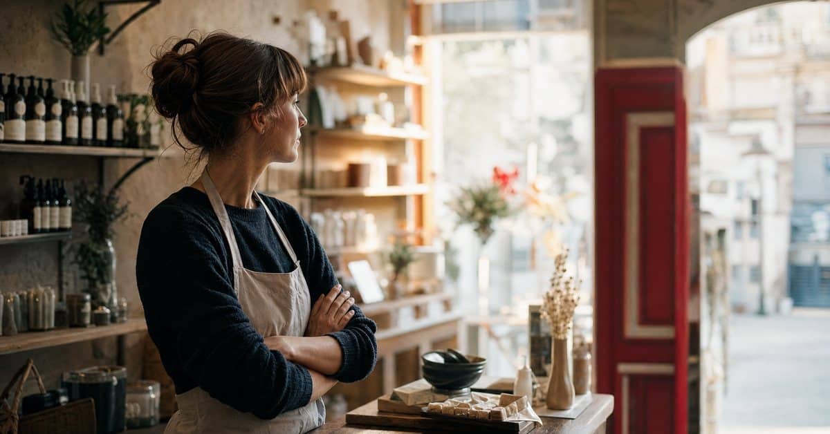 A shop owner standing behind the counter of a quiet store looking towards the door