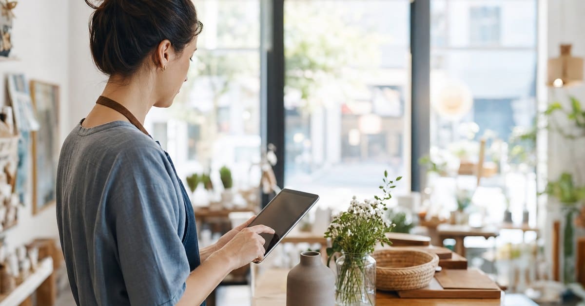 A small business owner checking their local search visibility on a tablet in their shop, V Digital Services